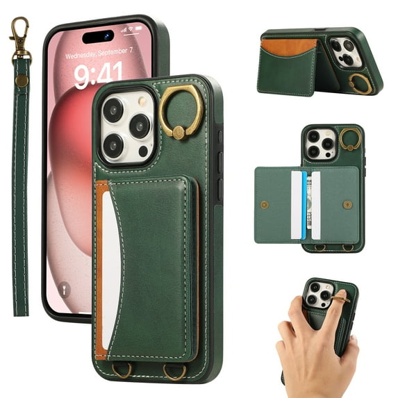 for iPhone 13 Pro Max Wallet Case with Card Slots, Hand Wrist Strap Rotate Ring Design, Finger Grip Ring PU Leather Magnetic Button Shockproof Purse Phone Cover for iPhone 13 Pro Max, Green