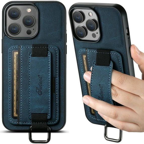 for iPhone 13 Pro Max Wallet Case, Classic Finger Ring with Card Holder Lychee Texture PU Leather Back Cover with Wristband Kickstand Shockproof Drop Protective for iPhone 13 Pro Max, Blue