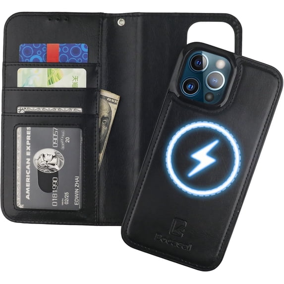 for iPhone 13 Pro Max Wallet Case Compatible with MagSafe Wireless Charging, RFID Blocking Magnetic Leather Case with Card Slots Holder Kickstand Detachable Wrist Strap 6.7 Inch (Black)