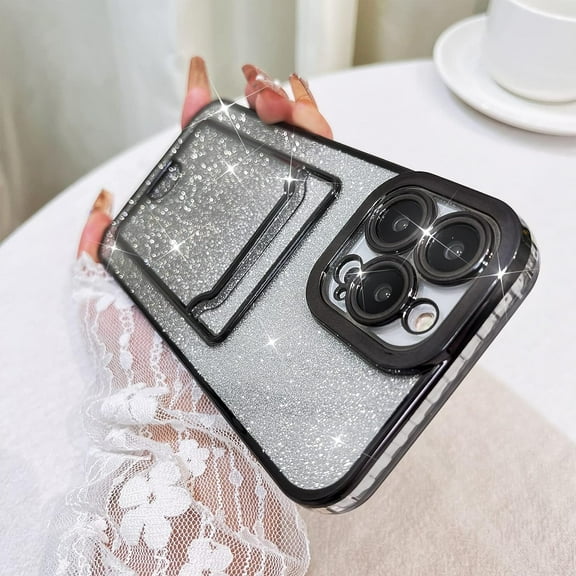 for iPhone 13 Pro Max Wallet Case with Credit Card Holder, Cute Luxury Clear Glitter Bling Flexible Cover Camera Protection Shockproof Phone Case for Women Girls，Black
