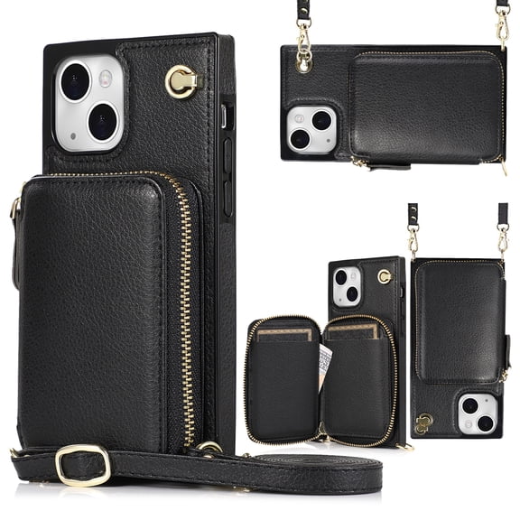 iPhone 13 Pro Max Wallet Case with Crossbody Strap, Dteck Zipper Pocket Purse Phone Case with RFID Blocking Card Holder Compatible with iPhone 13 Pro Max, Black