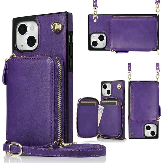 iPhone 13 Pro Max Wallet Case with Crossbody Strap, Dteck Zipper Pocket Purse Phone Case with RFID Blocking Card Holder Compatible with iPhone 13 Pro Max, Purple
