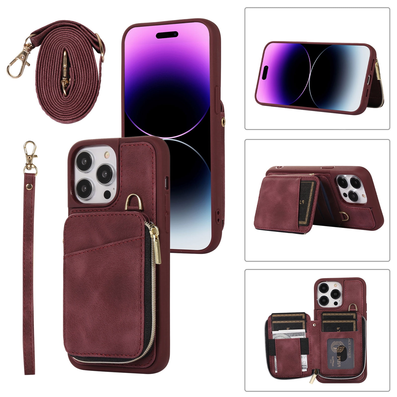 for iPhone 13 Pro Max Wallet Case Crossbody Strap, Zipper Phone