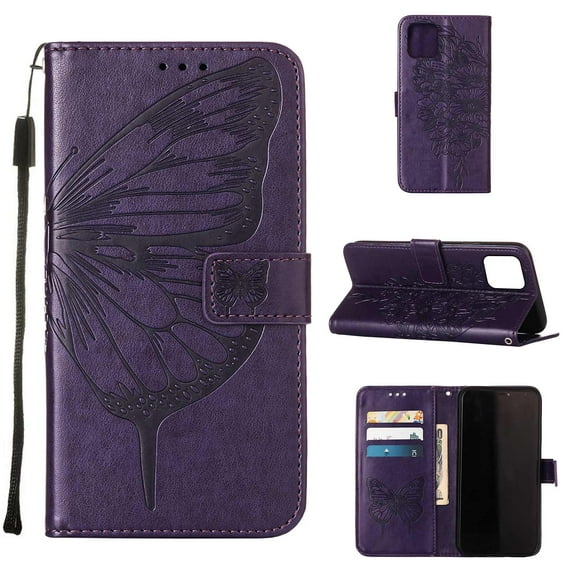 iPhone 13 Pro Max Wallet Case, Embossed Butterfly PU Leather Credit Card Holder Slots Full Body Protection Kickstand Flip Folio Shockproof TPU Phone Cover for Apple iPhone 13 Pro Max, Purple