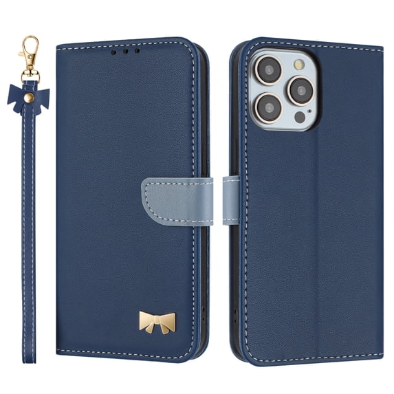for iPhone 13 Pro Max Wallet Case, Magnetic Closure & Adjustable Kickstand & Card Slots & Shoulder Strap & Wrist Strap Full Body Protection Rugged Phone Case for iPhone 13 Pro Max, Darkblue