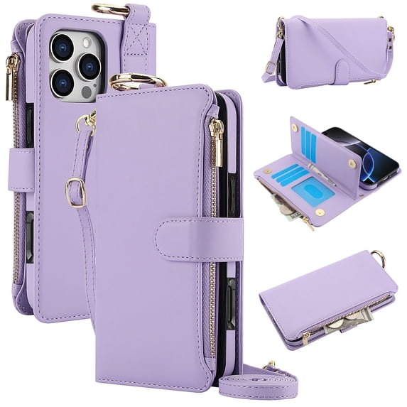for iPhone 13 Pro Max Wallet Case, Multi-Functional Purse Case with Card Holders Zipper Pocket, RFID Blocking Full Body Case, Shoulder Strap Wristband Crossbody Cover for iPhone 13 Pro Max, Violet