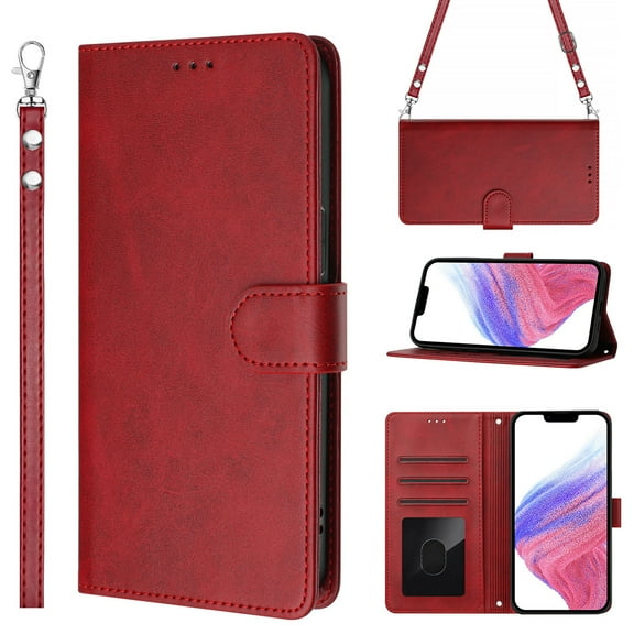 for iPhone 13 Pro Max Wallet Case, [RFID Blocking 3 Card Slots] Phone Stand, Wrist Strap, Shoulder Strap Magnetic Closure, Soft PU Leather Shockproof Flip Cases Cover for iPhone 13 Pro Max, Red
