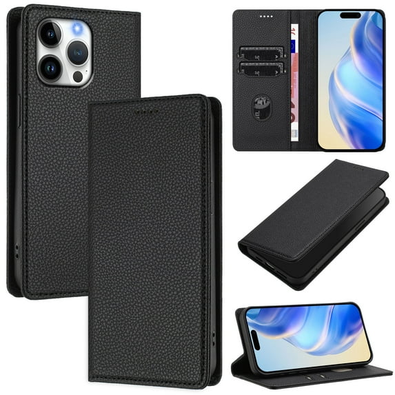 for iPhone 13 Pro Max Wallet Case with RFID Blocking Card Slots, Fashion PU Leather Flip Kickstand Magnetic Phone Cover Women Men, Support Wireless Charging, Full Body Protection - Black