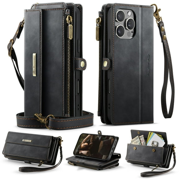 for iPhone 13 Pro Max Wallet Case with RFID Blocking Card Slots Zipper Pocket, PU Leather Kickstand Full Body Rugged Protection Shoulder & Wrist Strap Heavy Duty Shockproof Cover, Black