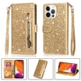 thumbnail image 1 of iPhone 13 Pro Max Wallet Case for Women/Girls,Dteck Bling Glitter Sparkly Girly Folio Leather Zipper Pocket Magnet Clasp Phone Case with 3 Card Holder,Strap and Standx, Gold, 1 of 6