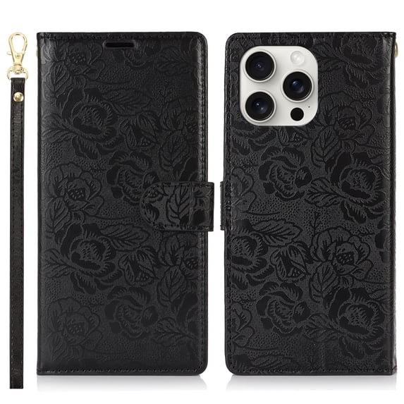 for iPhone 13 Pro Max Wallet Case for Women Girls, PU Leather Flower Pattern, Card Slots Kickstand Wrist Strap Drop Protective TPU Back Cover with Magnetic Clasp for iPhone 13 Pro Max, Black