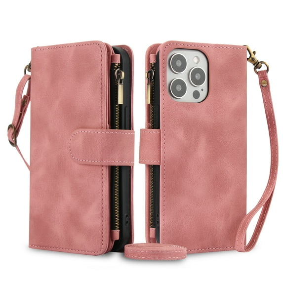 for iPhone 13 Pro Max Wallet Case for Women Girls, RFID Blocking Credit Card Slots PU Leather Purse Case with Crossbody Strap Wristlet Magnetic Folio Stand Cover for iPhone 13 Pro Max, Rosegold