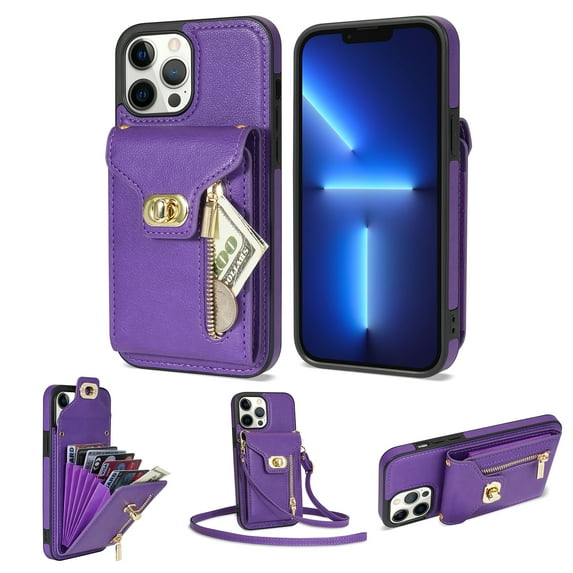 for iPhone 13 Pro Max Wallet Case, iPhone 13 Pro Max Zipper Purse Crossbody Wallet Phone Case with Lanyard, Metal Buckle Closure PU Leather Card Holder Kickstand Flip Folio Protective Cover, Purple