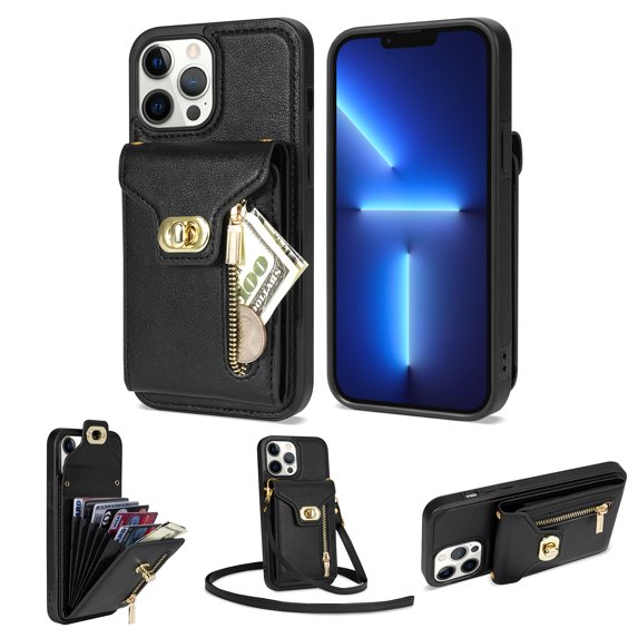 for iPhone 13 Pro Max Wallet Case, iPhone 13 Pro Max Zipper Purse Crossbody Wallet Phone Case with Lanyard, Metal Buckle Closure PU Leather Card Holder Kickstand Flip Folio Protective Cover, Black
