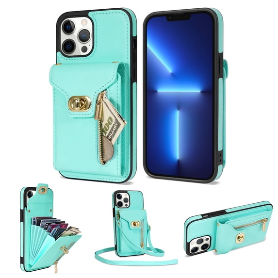 for iPhone 13 Pro Max Wallet Case, iPhone 13 Pro Max Zipper Purse Crossbody Wallet Phone Case with Lanyard, Metal Buckle Closure PU Leather Card Holder Kickstand Flip Folio Protective Cover, Mint
