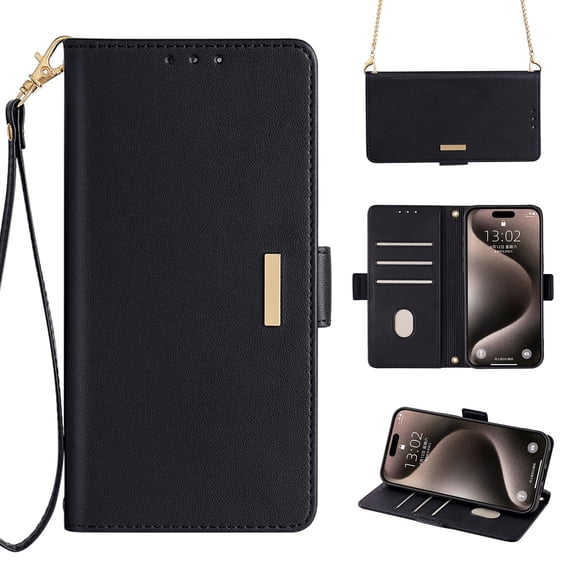 for iPhone 13 Pro Max Wallet Flip Case, Elegant Wrist Strap and Shoulder Chain Credit Card Slots Cash Slot RFID Blocking PU Leather Kickstand Phone Case Cover for iPhone 13 Pro Max, Black