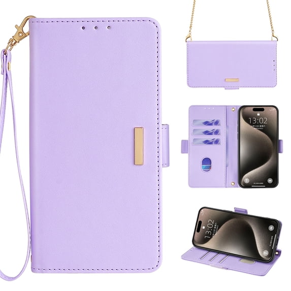 for iPhone 13 Pro Max Wallet Flip Case, Elegant Wrist Strap and Shoulder Chain Credit Card Slots Cash Slot RFID Blocking PU Leather Kickstand Phone Case Cover for iPhone 13 Pro Max, Purple