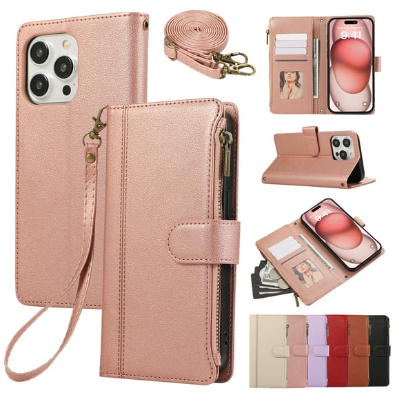 for iPhone 13 Pro Max Wallet case with Card Holder for Women Men,Phone case RFID Blocking PU Leather Flip Cover with Strap Zipper Credit Card Slots,Kickstand,With Wrist Strap,Rosegold