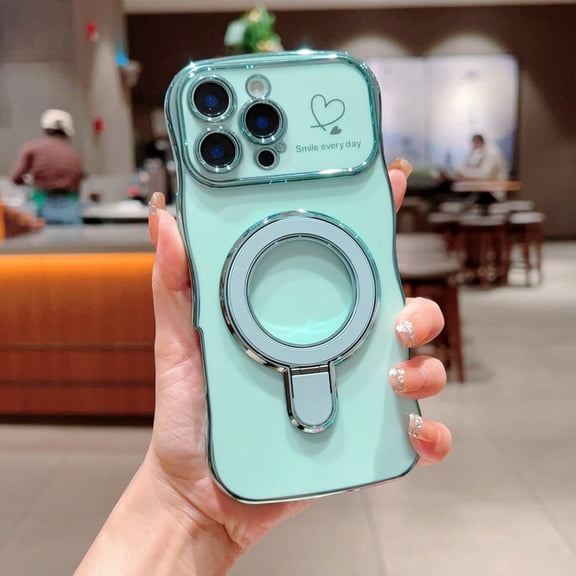 for iPhone 13 Pro Max Wave Design Magnetic Case, Compatible with MagSafe, Heart Pattern Metal Kickstand Plating TPU Shockproof Protective Ultra Slim Phone Case for iPhone 13 Pro Max, Green