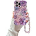 thumbnail image 1 of for iPhone 13 Pro Max Wavy Case, [Curly Protection Frame][Vintage Glossy Oil Painting Floral Print] with Lovely Bead Chain for Grils and Women (Purple), 1 of 9