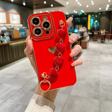 for iPhone 13 Pro Max with Wrist Strap,Cute Love Heart Full Camera Lens Protection with Side Small Pattern Shockproof Plating Bumper Soft TPU Phone Case Cover, Red