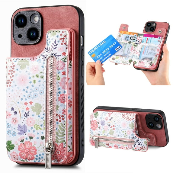 for iPhone 13 Pro Max Zipper Wallet Case, Floral Pattern Purse Cover with Card Holder, RFID Blocking and Kickstand, Shockproof PU Leather Protection Trendy Phone Case for iPhone 13 Pro Max, Pink
