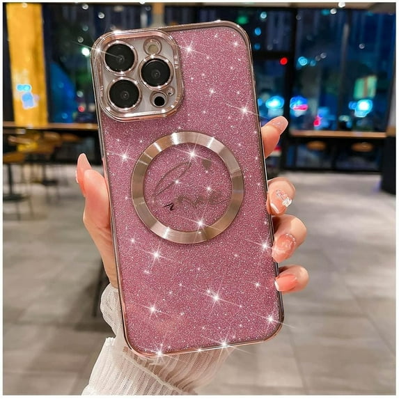 iPhone 13 Pro Max case, Compatible with MagSafe Luxury Glitter Bling Plating Love with Cute Heart Phone Case Full Camera Lens Protection Magnetic Case for Women Girls Back Cover(Pink)