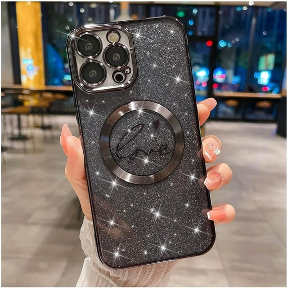 iPhone 13 Pro Max case, Compatible with MagSafe Luxury Glitter Bling Plating Love with Cute Heart Phone Case Full Camera Lens Protection Magnetic Case for Women Girls Back Cover(Black)