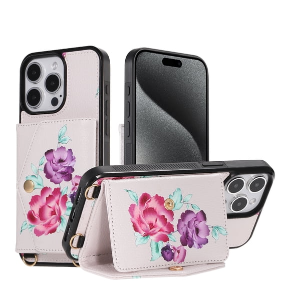 for iPhone 13 Pro Mirror Wallet Case with Card Holder, Floral Flower Print Back Flip Folio PU Leather Kickstand Shoulder Strap / Wristlet Magnetic Clasp Cover for iPhone 13 Pro, Gray