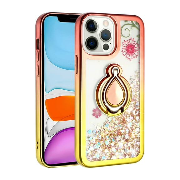 iPhone 13 Pro Phone Case, Slim Protective Ring Kickstand Glitter Dual Colors Multi-Function for iPhone 13 Pro Phone Case Rose Gold/Gold