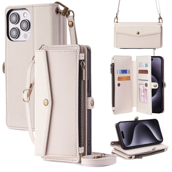 for iPhone 13 Pro Phone Case Wallet with Card Holder Zipper Bills Slot, Soft PU Leather Detachable Shoulder Strap and Wrist Strap Kickstand for iPhone 13 Pro Rugged Case Cover, White