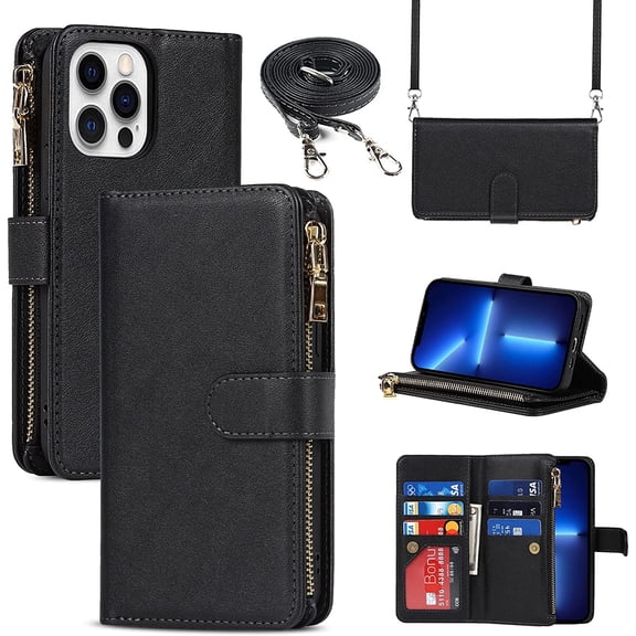 iPhone 13 Pro Phone Case Wallet for Women Men with Card Holder, iPhone 13 Pro Crossbody Case with Strap Shoulder Lanyard, Zipper Pocket PU Leather Cases for iPhone 13 Pro,6.1 Inch Black