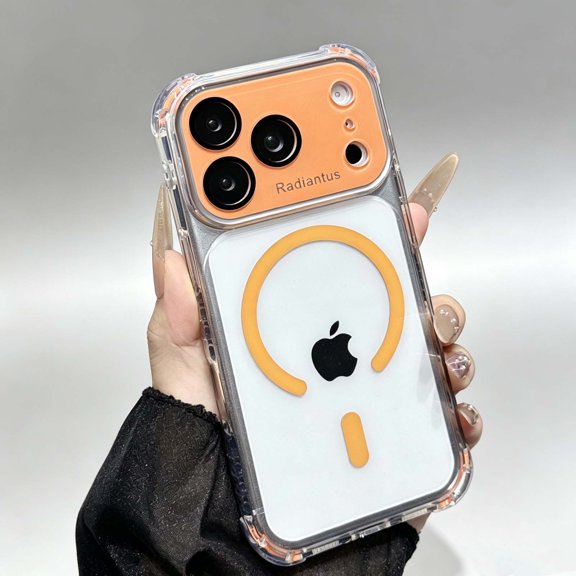 For iPhone 13 Pro Phone Case,With Lens Camera Film,Compatible with Mag-Safe,Four Corners Drop Protection,Crystal Transparent Back,Shokcproof Non-Slip Anti-Scratch Phone Case,Orange