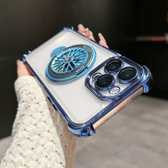for iPhone 13 Pro Plating Case with Rotating Gyroscope Magnetic Ring Stand Full Camera Lens Protection Compatible with MagSafe Clear Back Phone Cover for iPhone 13 Pro, Blue
