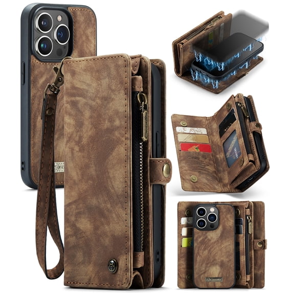 for iPhone 13 Pro Premium PU Leather Folding Case, Multiple Card Slots Design, Wrist Strap Zipper Pocket Kickstand Magnetic Snap, Wireless Charging for iPhone 13 Pro, Darkbrown