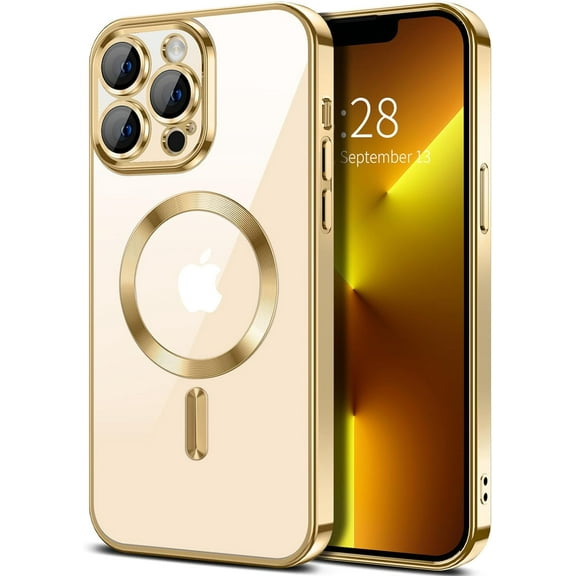 iPhone 13 Pro Silicone Chrome Magnetic Case [Yellow Resistant] Soft Back Cover, Clear Magnetic Case Compatible with Magsafe Shockproof Protective Phone Case for 13 Pro 6.1 Inch, Gold