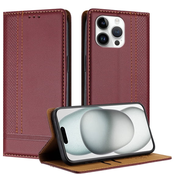 for iPhone 13 Pro Slim Case with Card Holder, Premium PU Leather Wallet Case with Flip Card Slots Kickstand & Magnetic Closure for iPhone 13 Pro, Winered
