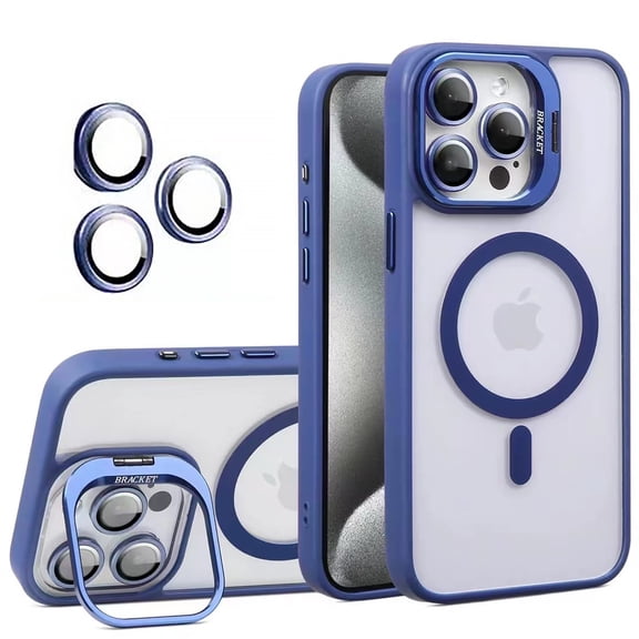 for iPhone 13 Pro Transparent Case with Camera Lens Protector, Compatible with MagSafe, Built-in Camera Stash Stand, Magnetic Hard Back Soft Edge Anti-Fingerprint Flexible Cover, Darkblue