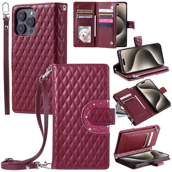 for iPhone 13 Pro Wallet Case with Card Holder & Kickstand & Wrist Strap, Flip Folio Book Style PU Leather Shockproof Protective Phone Cover with Crossbody Strap for iPhone 13 Pro, Winered