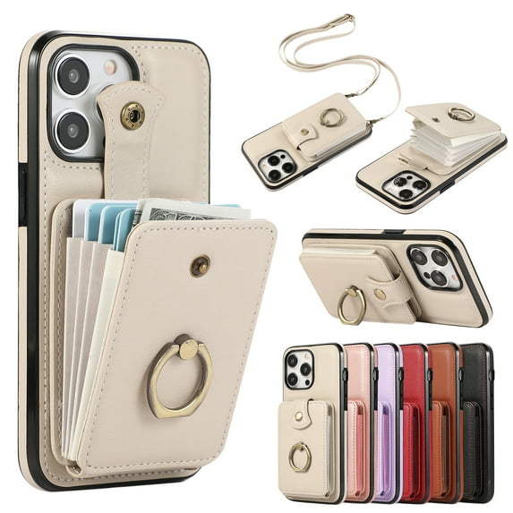 for iPhone 13 Pro Wallet Case with Card Holder, PU Leather Case with Ring Holder Kickstand, Snap Button Card Slots Case for Women Men for iPhone 13 Pro with Crossbody Strap - Beige