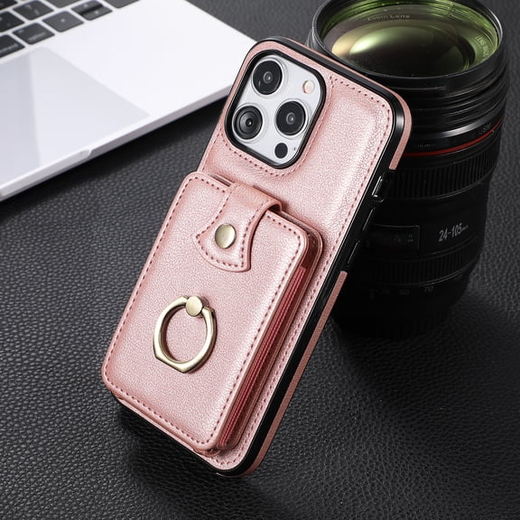 for iPhone 13 Pro Wallet Case with Card Holder, PU Leather Case with Ring Holder Kickstand, Snap Button Card Slots Case for Women Men for iPhone 13 Pro with Crossbody Strap - Rosegold