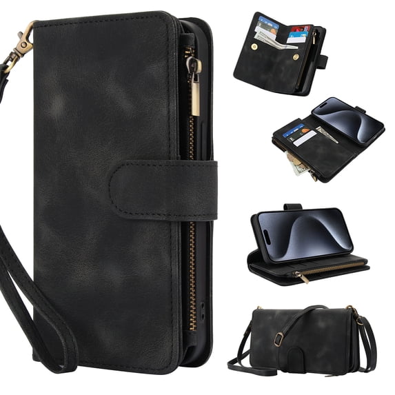 for iPhone 13 Pro Wallet Case with Card Holder for Women Men, Phone Case RFID Blocking PU Leather Flip Shockproof Cover with Shoulder + Wrist Strap Zipper Credit Card Slots Stand, Black