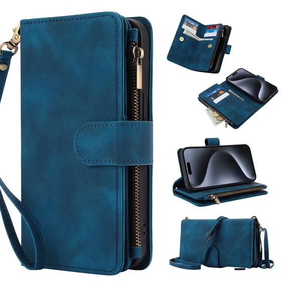 for iPhone 13 Pro Wallet Case with Card Holder for Women Men, Phone Case RFID Blocking PU Leather Flip Shockproof Cover with Shoulder + Wrist Strap Zipper Credit Card Slots Stand, Blue