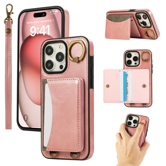 for iPhone 13 Pro Wallet Case with Card Slots, Hand Wrist Strap Rotate Ring Design, Finger Grip Ring PU Leather Magnetic Button Shockproof Purse Phone Cover for iPhone 13 Pro, Pink