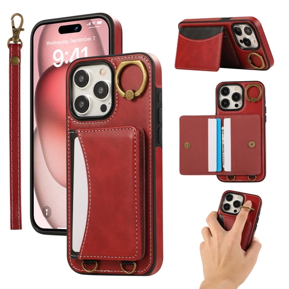 for iPhone 13 Pro Wallet Case with Card Slots, Hand Wrist Strap Rotate Ring Design, Finger Grip Ring PU Leather Magnetic Button Shockproof Purse Phone Cover for iPhone 13 Pro, Red