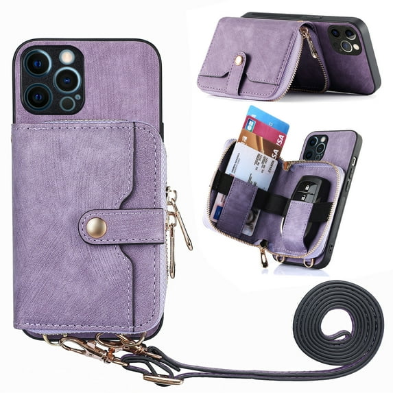 for iPhone 13 Pro Wallet Case, Crossbody Phone Purse with Card Holder for Women, Zipper PU Leather Carrying Cover Gift with Shoulder Strap Kickstand Anti-drop for iPhone 13 Pro - Purple