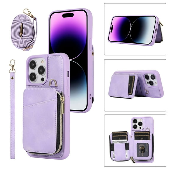 for iPhone 13 Pro Wallet Case Crossbody Strap, Zipper Phone Case with Card Holder Wrist Strap Purse Cover with Kickstand Compatible with Apple iPhone 13 Pro 6.1 inch - Purple