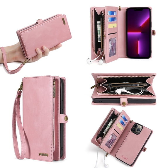 for iPhone 13 Pro Wallet Case, Durable PU Leather 2-in-1 Detachable Magnetic Flip Phone Case for iPhone 13 Pro Case Wallet with Card Holder Slots Zipper Pouch for Women Men, Pink