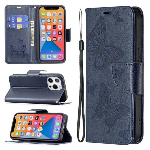 iPhone 13 Pro Wallet Case, Embossed Butterfly PU Leather Credit Card Holder Slots Full Body Protection Kickstand Flip Folio Shockproof TPU Phone Cover for Apple iPhone 13 Pro,Blue