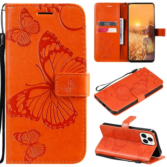 iPhone 13 Pro Wallet Case, Flip Kickstand Emboss Butterfly PU Leather Protective Phone Cover with Wrist Strap & Card Slots, Orange